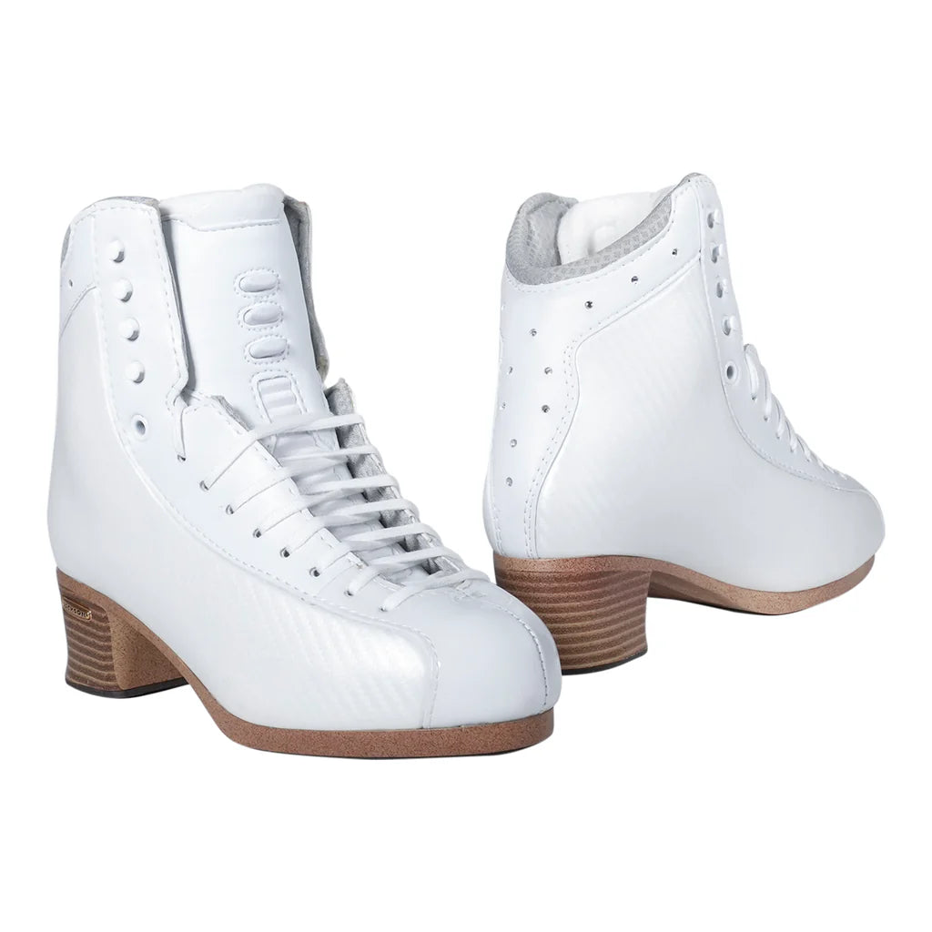 white Jackson boots with rhinestone details and brown heels on a white background