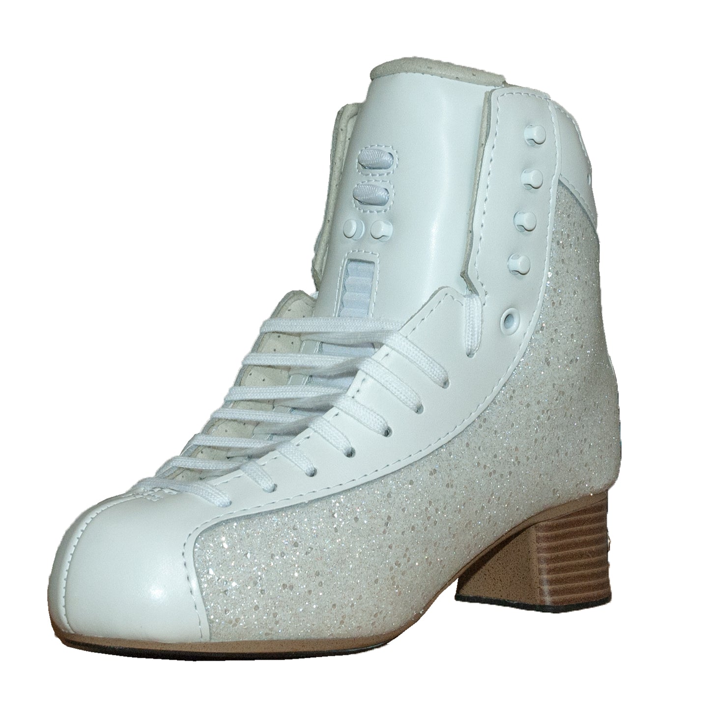 White ice skating boot with glittery pattern on a white background