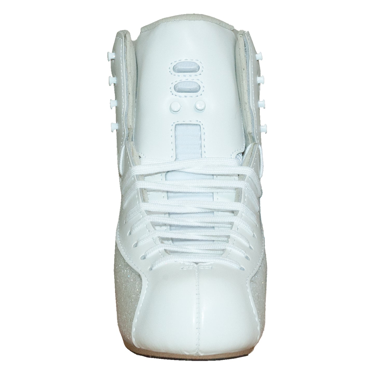 White athletic ice skate shoe with cleats on a white background