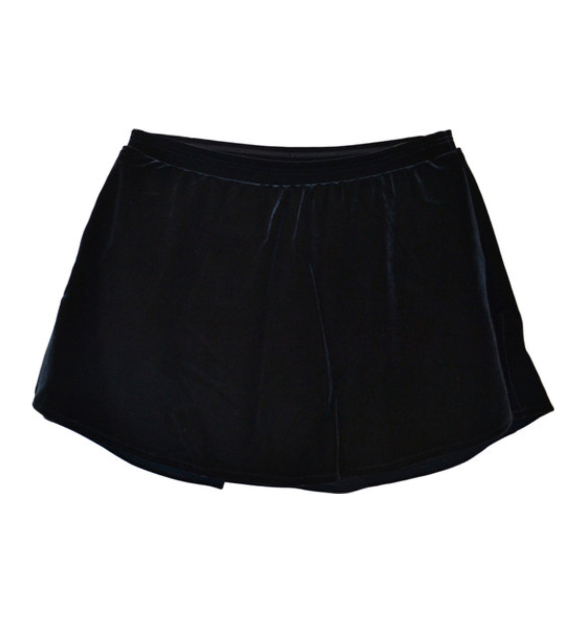 Black velvet figure skating skirt with elastic waistband, displayed on a white background.