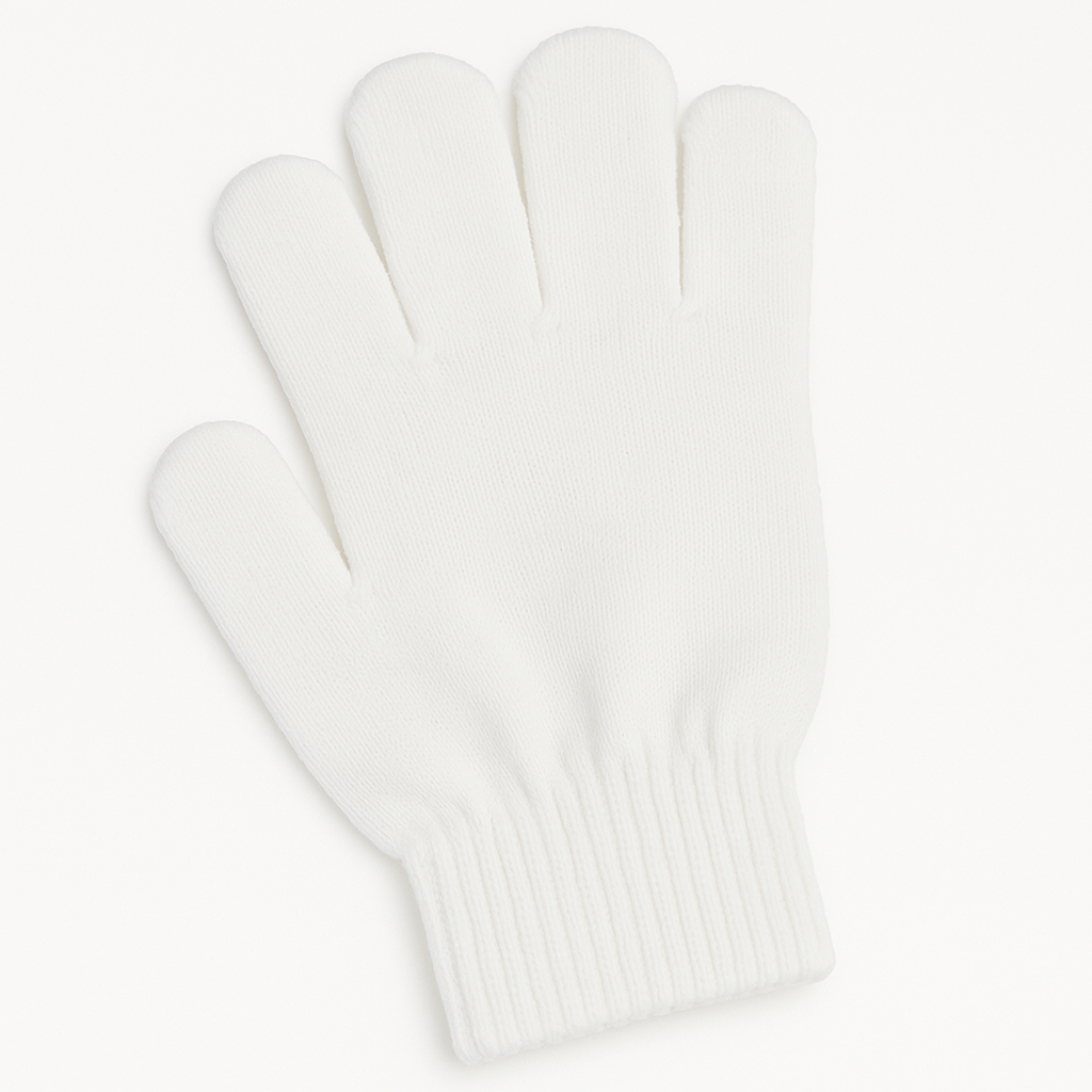 White knit glove with ribbed wrist cuff, displayed flat against a white background.