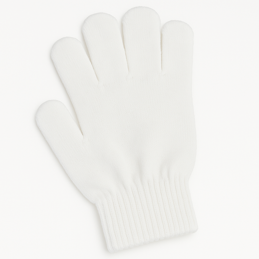 White knit glove with ribbed wrist cuff, displayed flat against a white background.