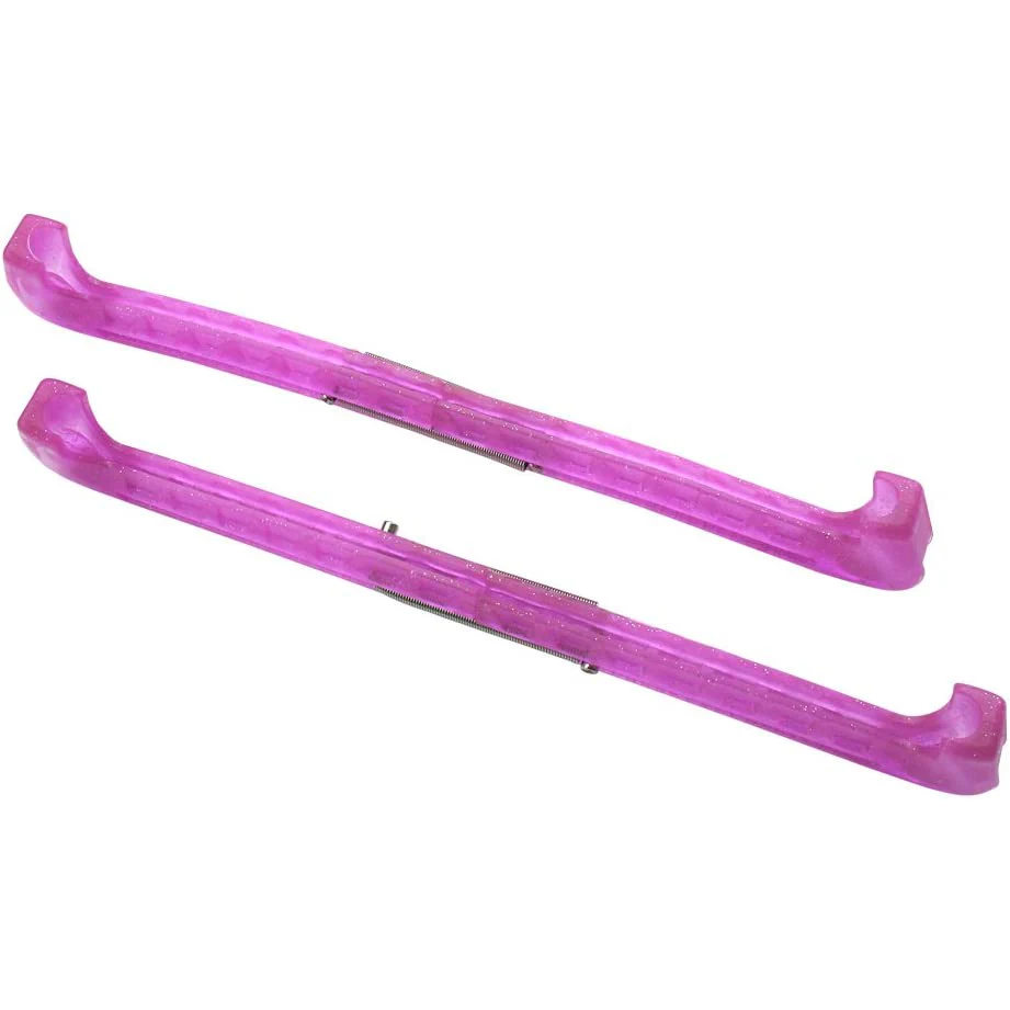 Pair of pink glitter adjustable hard skate guards with metal springs, displayed on a white background