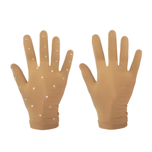 Pair of tan figure skating gloves with crystal embellishments, displayed on a white background.