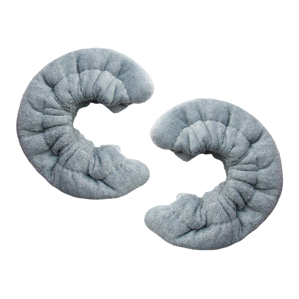 Pair of gray terry cloth blade soakers for figure skates, displayed on a white background.