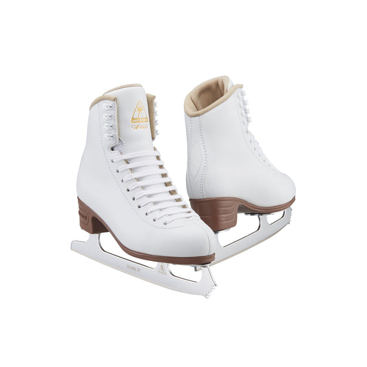 a white figure skate with brown plastic soles and silver blades on a white background