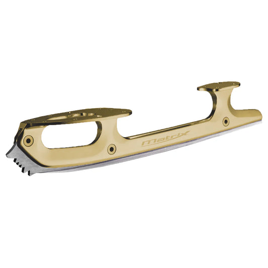 gold figure skate blades with a silver runner and big toe picks on a white background
