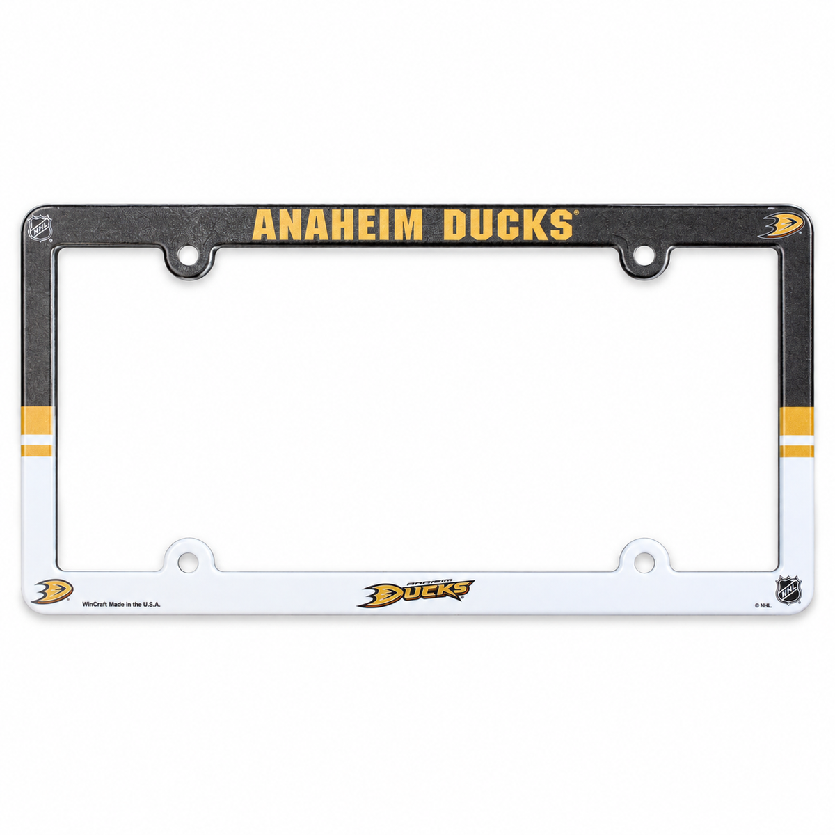 WinCraft Anaheim Ducks license plate frame in black gold and white with four mounting holes on white background