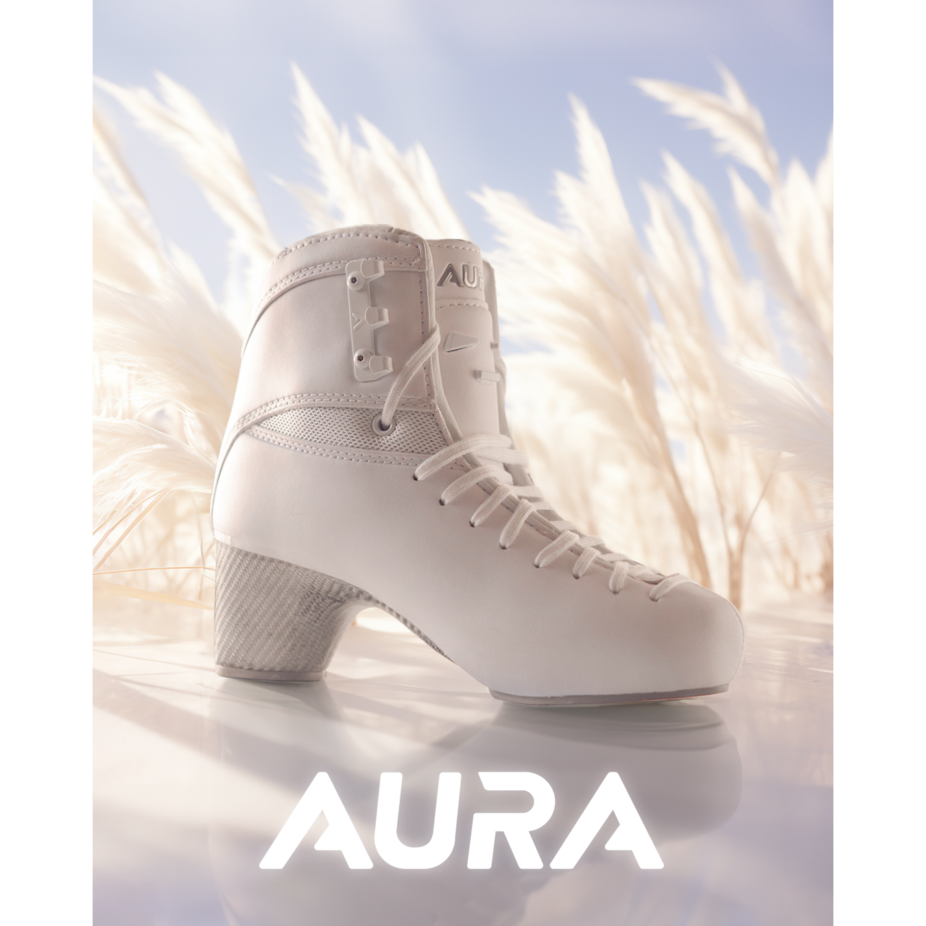 Aura white figure skating boot with carbon fiber heel, shown in a soft natural setting with decorative branding.