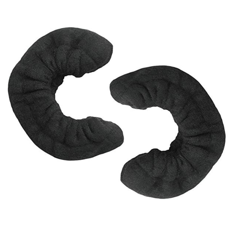 Pair of black terry cloth skate soakers designed to protect figure skate blades, displayed on a white background.