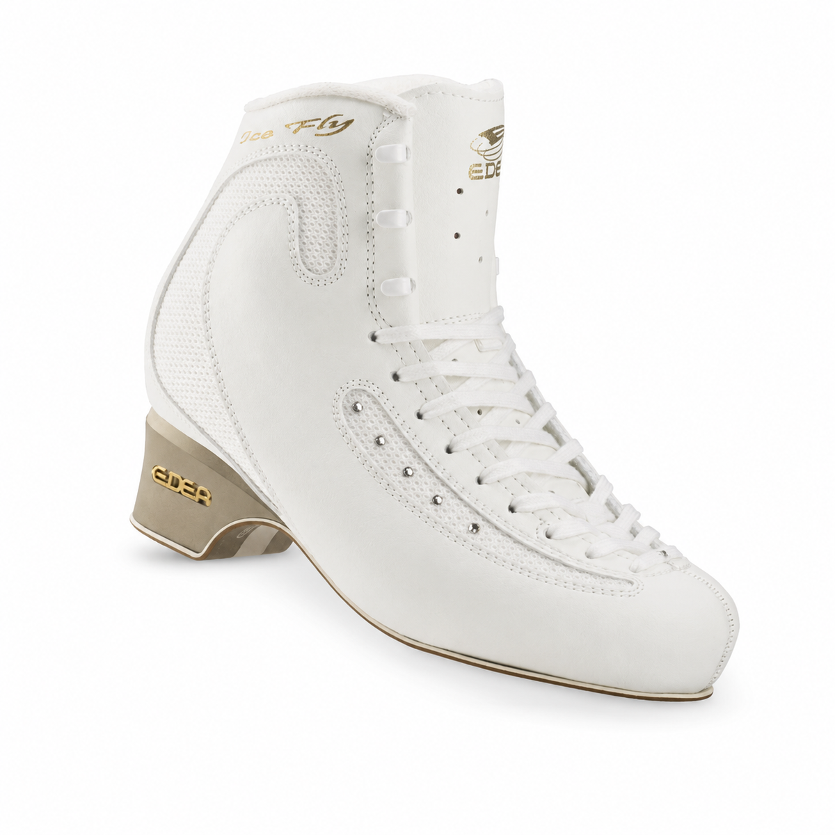 Edea Ice Fly white figure skating boot, three-quarter view