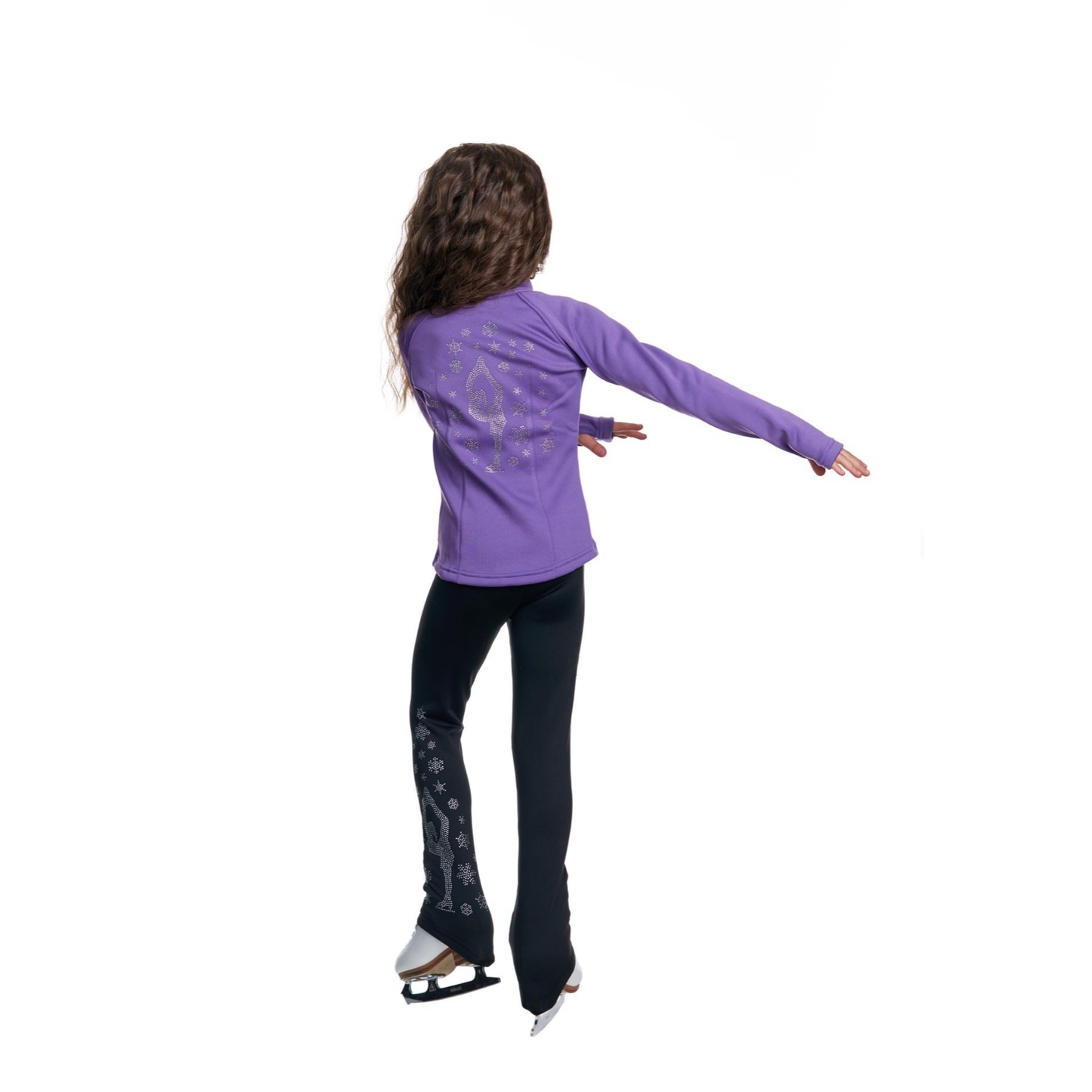 Girl wearing a purple figure skating jacket with rhinestone skater and snowflake design, displayed on a white background.