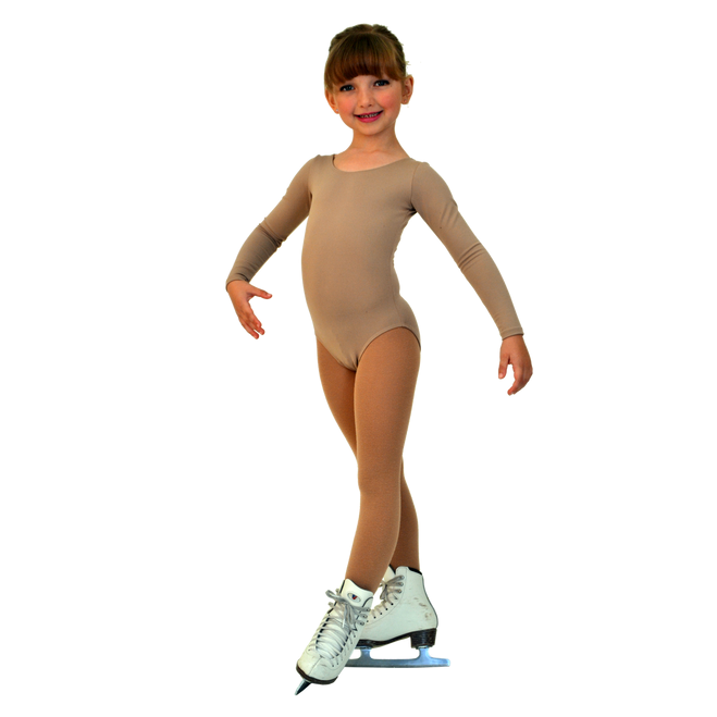Young girl wearing a tan long sleeve skating bodysuit and white figure skates, posed gracefully on a white background.