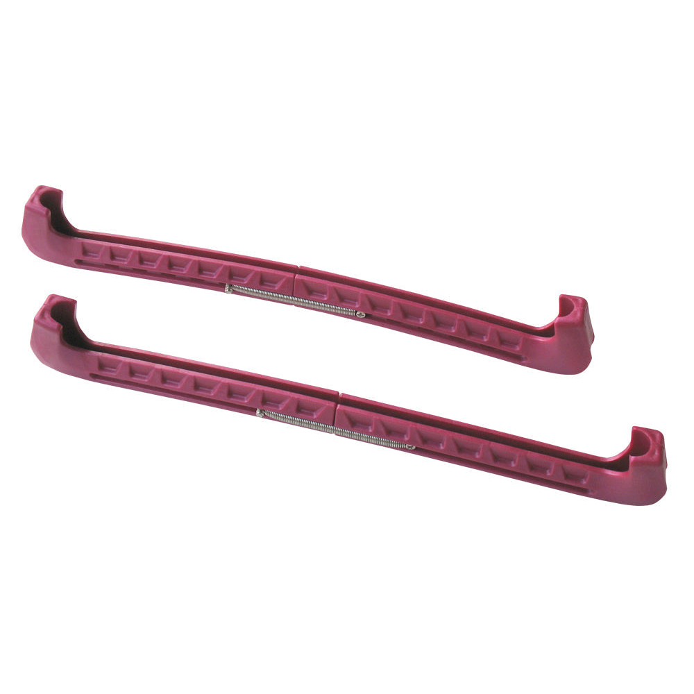 Pair of pink adjustable hard skate guards with metal springs, displayed on a white background.