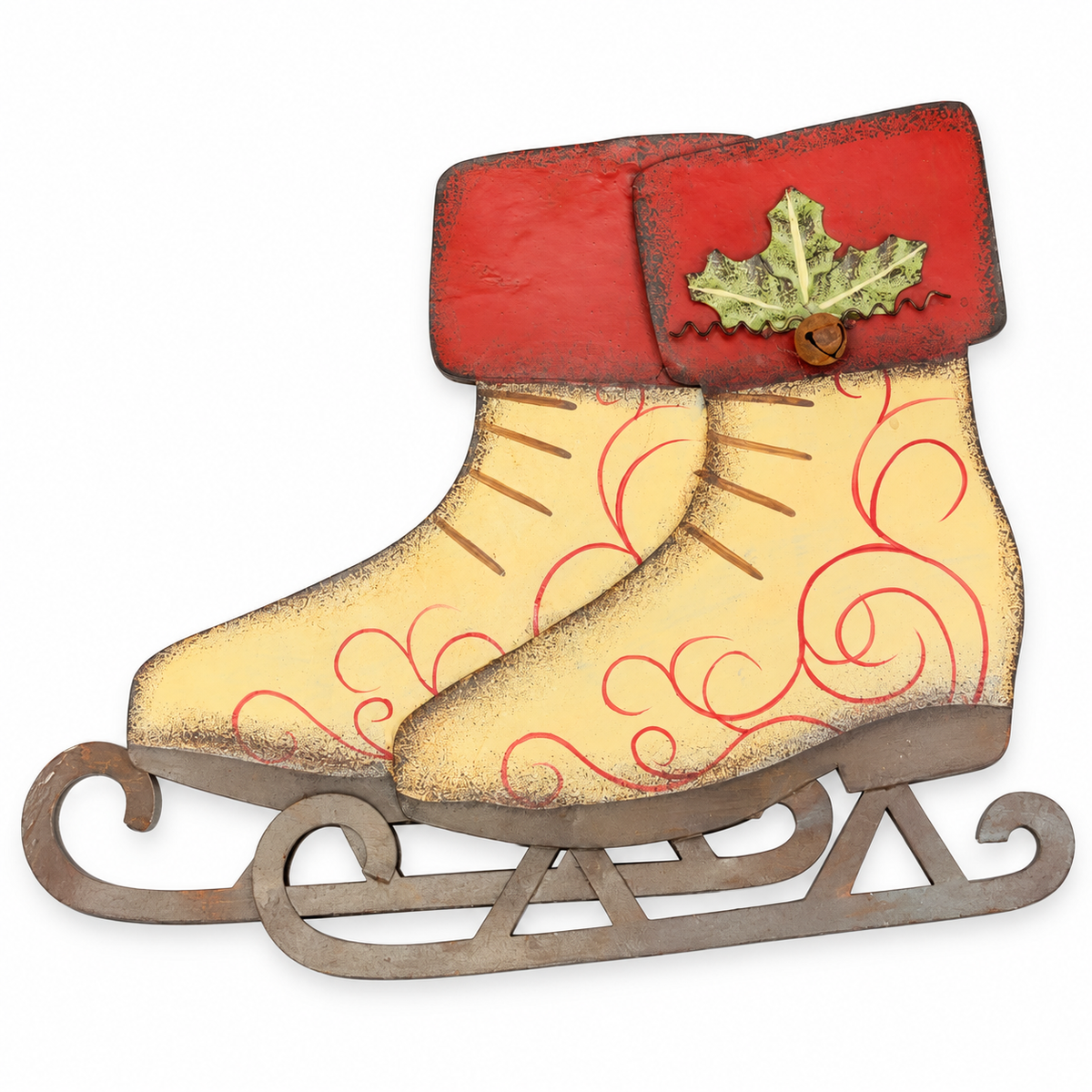 Rustic Christmas wall hanging with overlapping cream ice skates, red cuffs and scrollwork, holly leaves, bell and curled blades