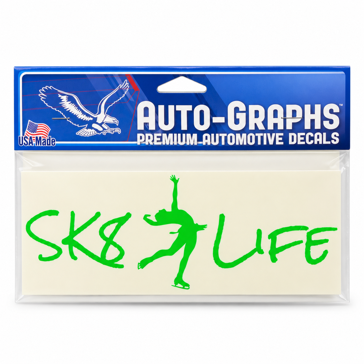 Bright green SK8 Life figure skating automotive decal in Auto-Graphs packaging on white background