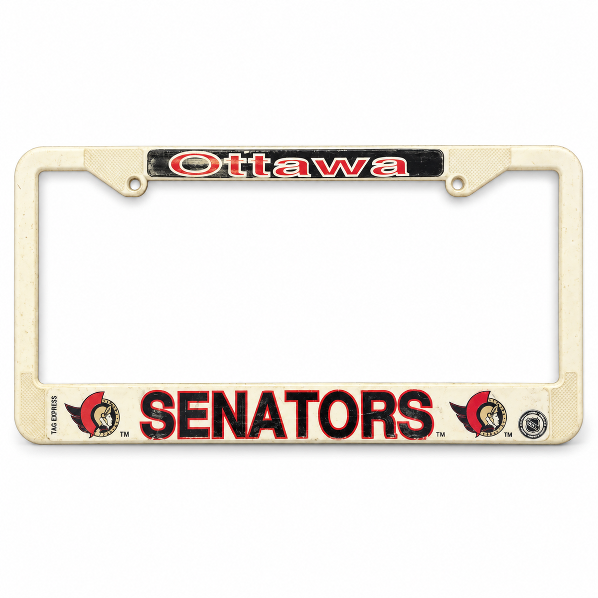 Vintage off-white Ottawa Senators Tag Express license plate frame with red and black lettering and side-profile team logos