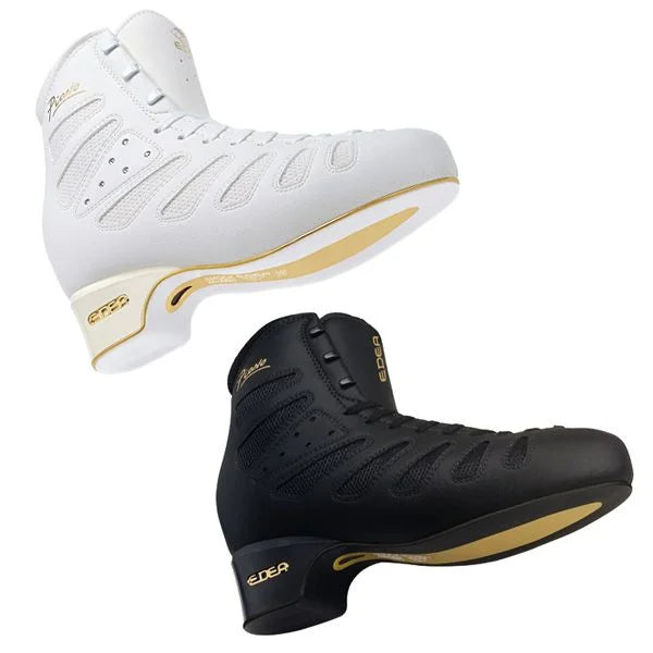 Edea ice skating boots in black and white on a white background