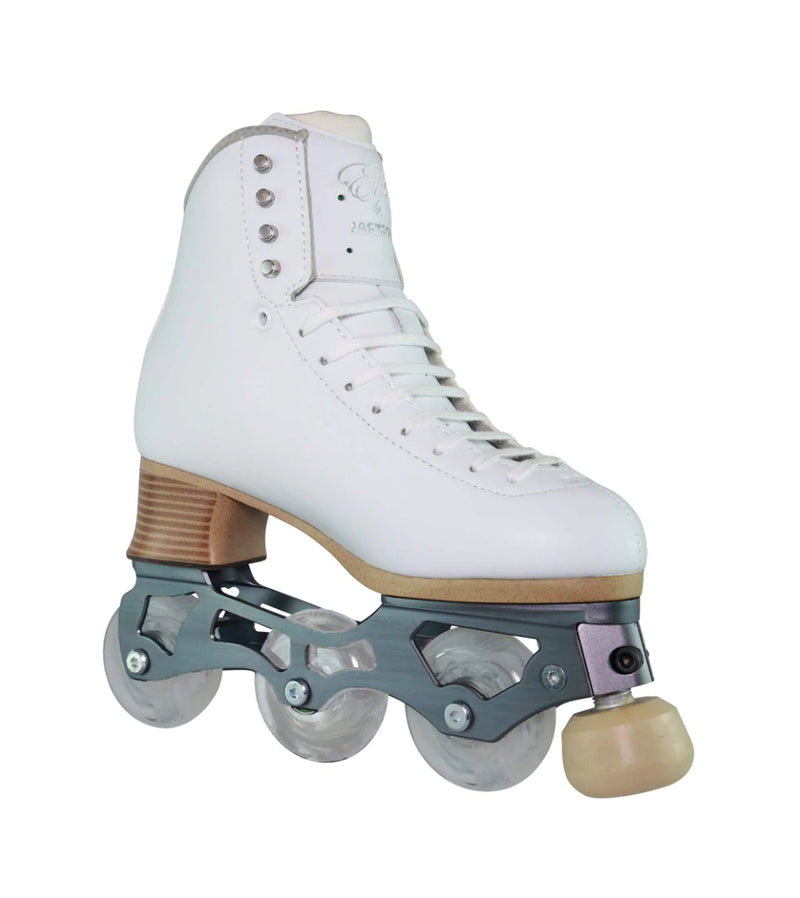 Jackson brand inline figure skate with silver hooks and 3 wheels beige toestop on a white background