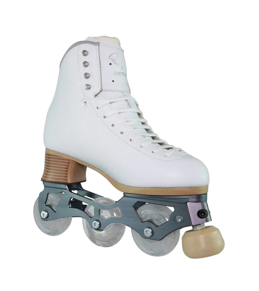 Jackson brand inline figure skate with silver hooks and 3 wheels beige toestop on a white background