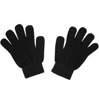 Pair of black knit gloves for ice skating or winter wear, displayed on a white background.