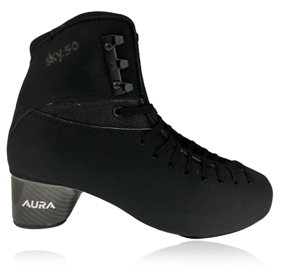 Aura sky 50 black figure skates with carbon fiber bottom on a white background 