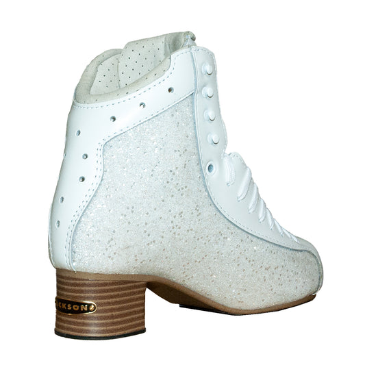 White figure skating boot with brown sole on a white background