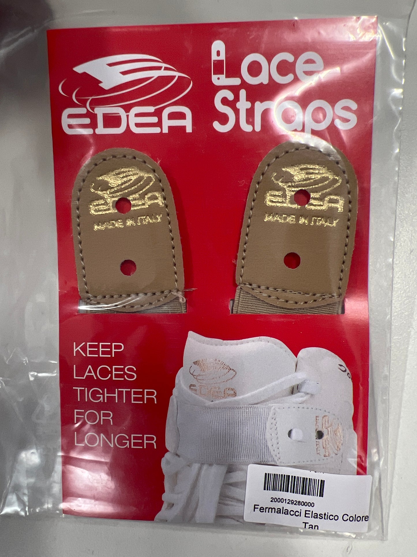 Edea tan beige figure skate lace straps in a red package 