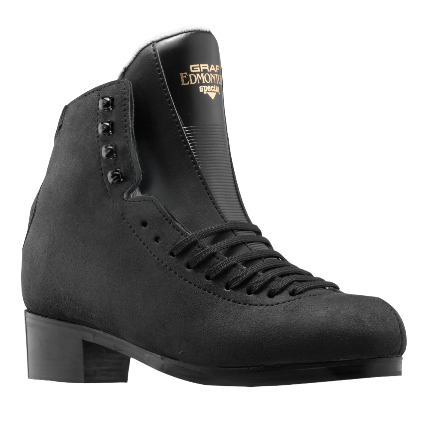 black grad Edmonton figure skating boot with black soles on a white background