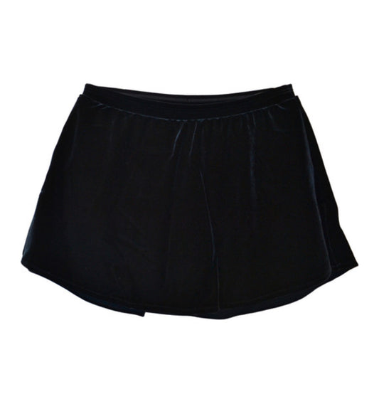 Black velvet figure skating skirt with elastic waistband, displayed on a white background.