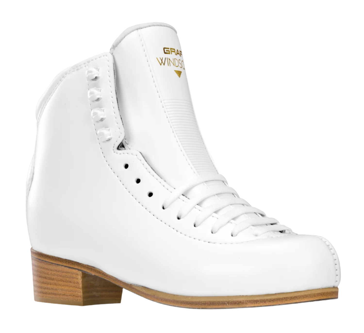white figure skating boot by graf on a white background and leather brown soles