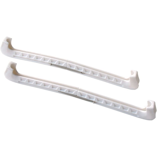 Pair of white adjustable hard skate guards with metal springs, displayed on a white background.