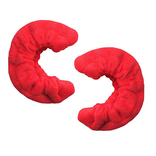 Pair of red terry cloth blade soakers for figure skates, displayed on a white background.