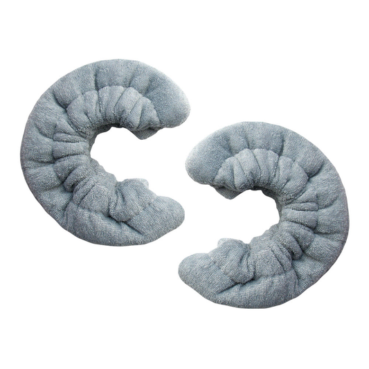 Pair of gray terry cloth blade soakers for figure skates, displayed on a white background.