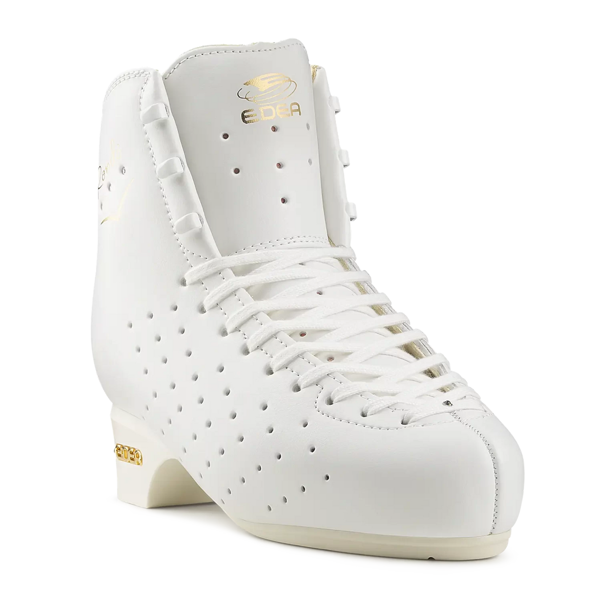 Front angled view of a white Edea Rondo roller skating boot