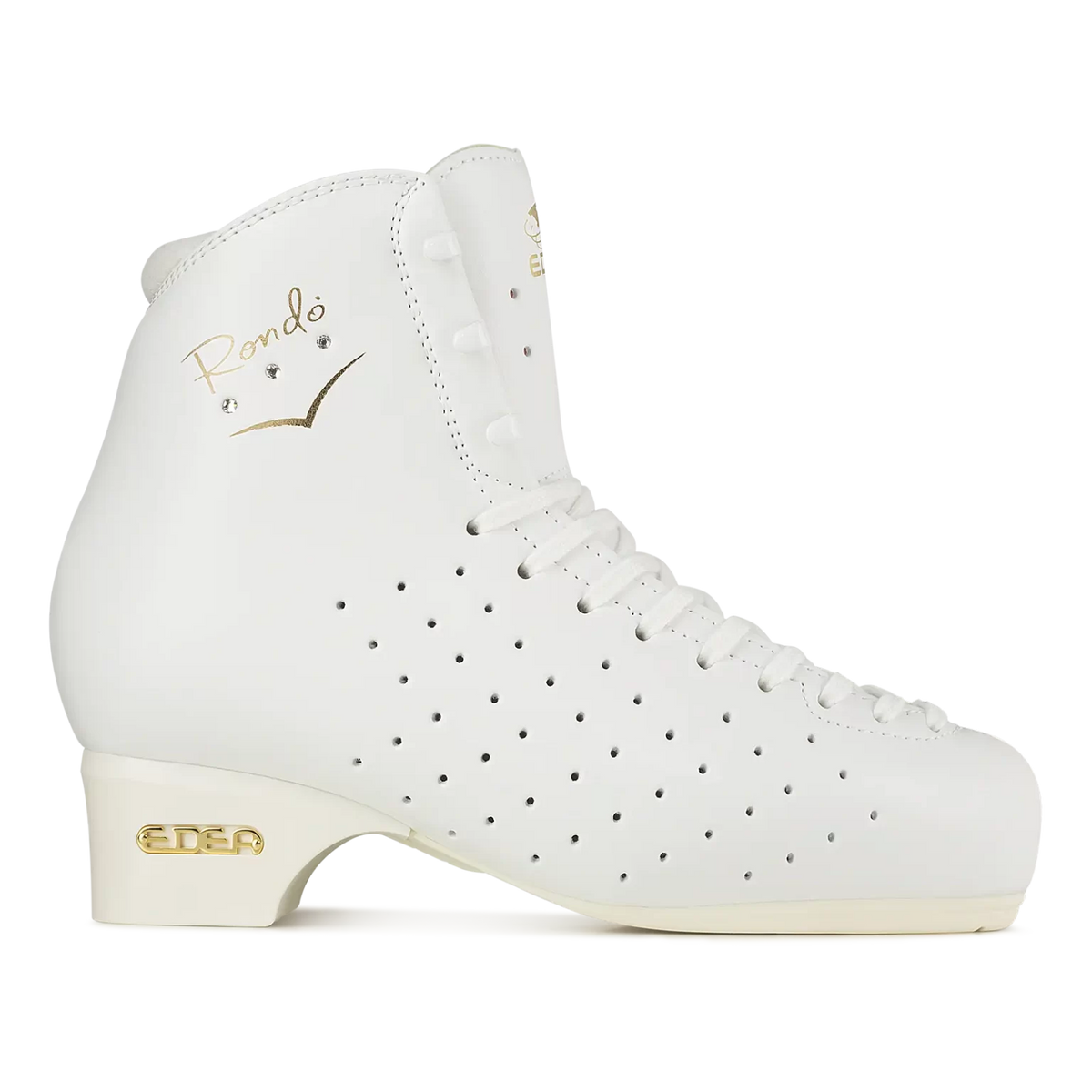 Side view of a white Edea Rondo roller skating boot