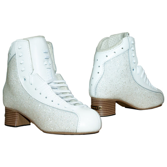 Pair of white sparkly figure skating boots on a white background