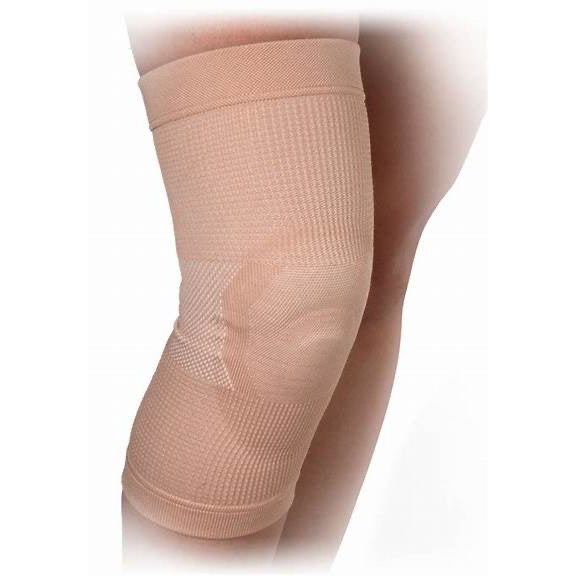 Beige compression knee support sleeve worn on leg, designed for athletic support and joint stability, shown on a white background.
