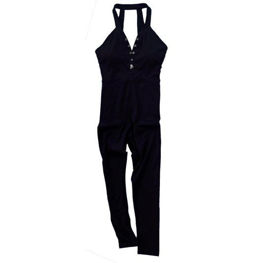 Black full-length halter jumpsuit with button detail and open back, displayed on a white background.