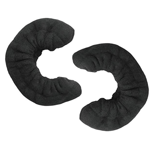 Pair of black terry cloth skate soakers designed to protect figure skate blades, displayed on a white background.