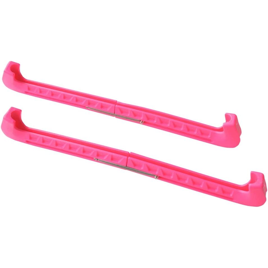 Pair of bright pink adjustable hard skate guards with metal springs, displayed on a white background.