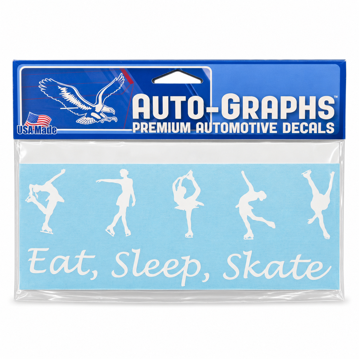 White Eat, Sleep, Skate automotive decal with five figure skater silhouettes by Auto-Graphs, shown packaged on a white background