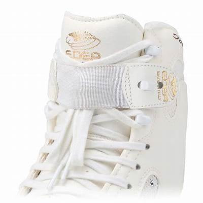 white elastic strap on white edea figure skate on a white background