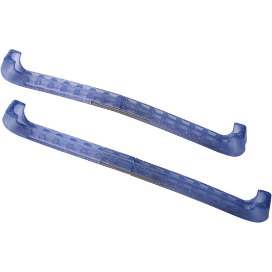 Pair of glitter blue adjustable hard skate guards with metal springs, displayed on a white background.