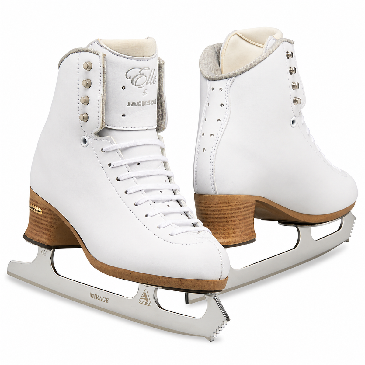 Jackson Elle white figure skates with Mirage blades