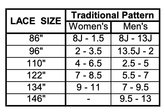 jackson skate traditional lace size chart