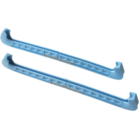 Pair of light blue adjustable hard skate guards with metal springs, displayed on a white background