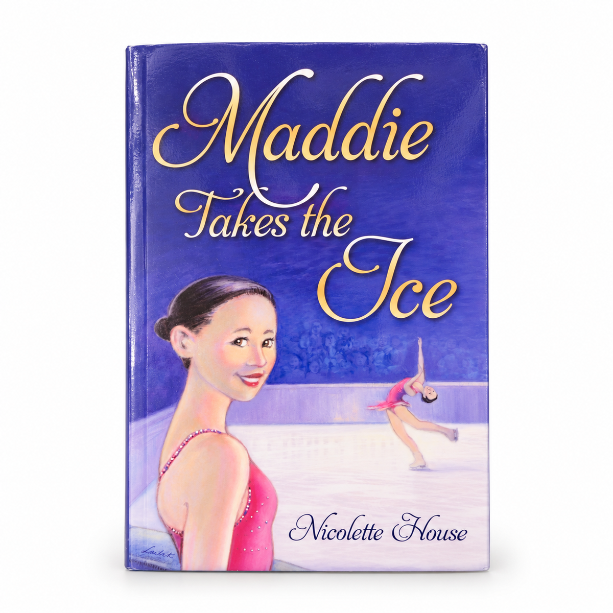 Maddie Takes the Ice by Nicolette House, purple illustrated book cover with figure skaters, on white background