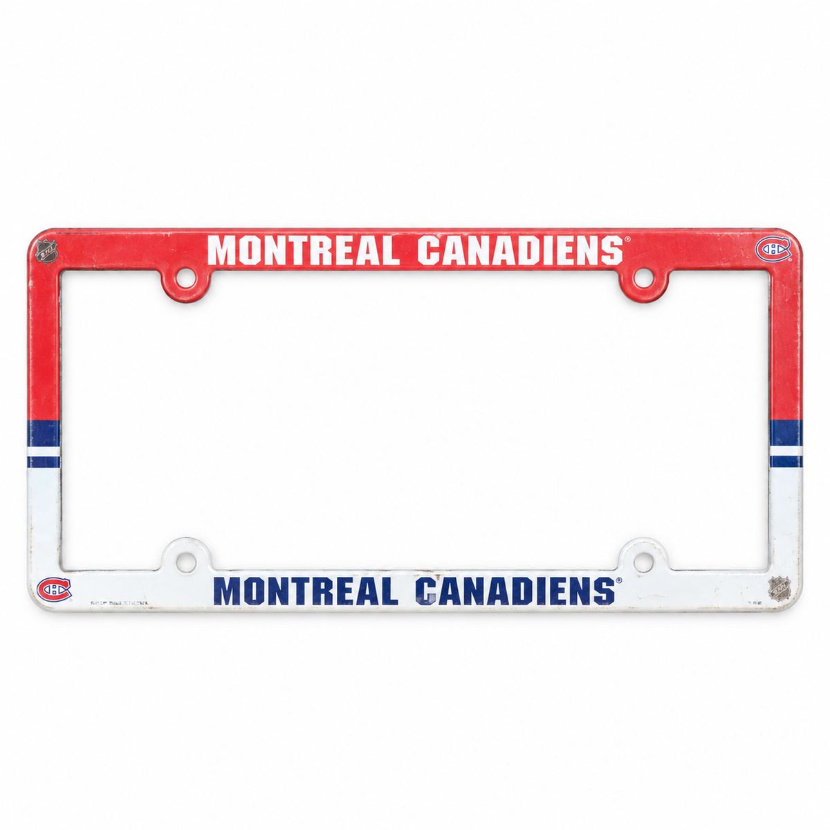 Montreal Canadiens red white and blue license plate frame on white background