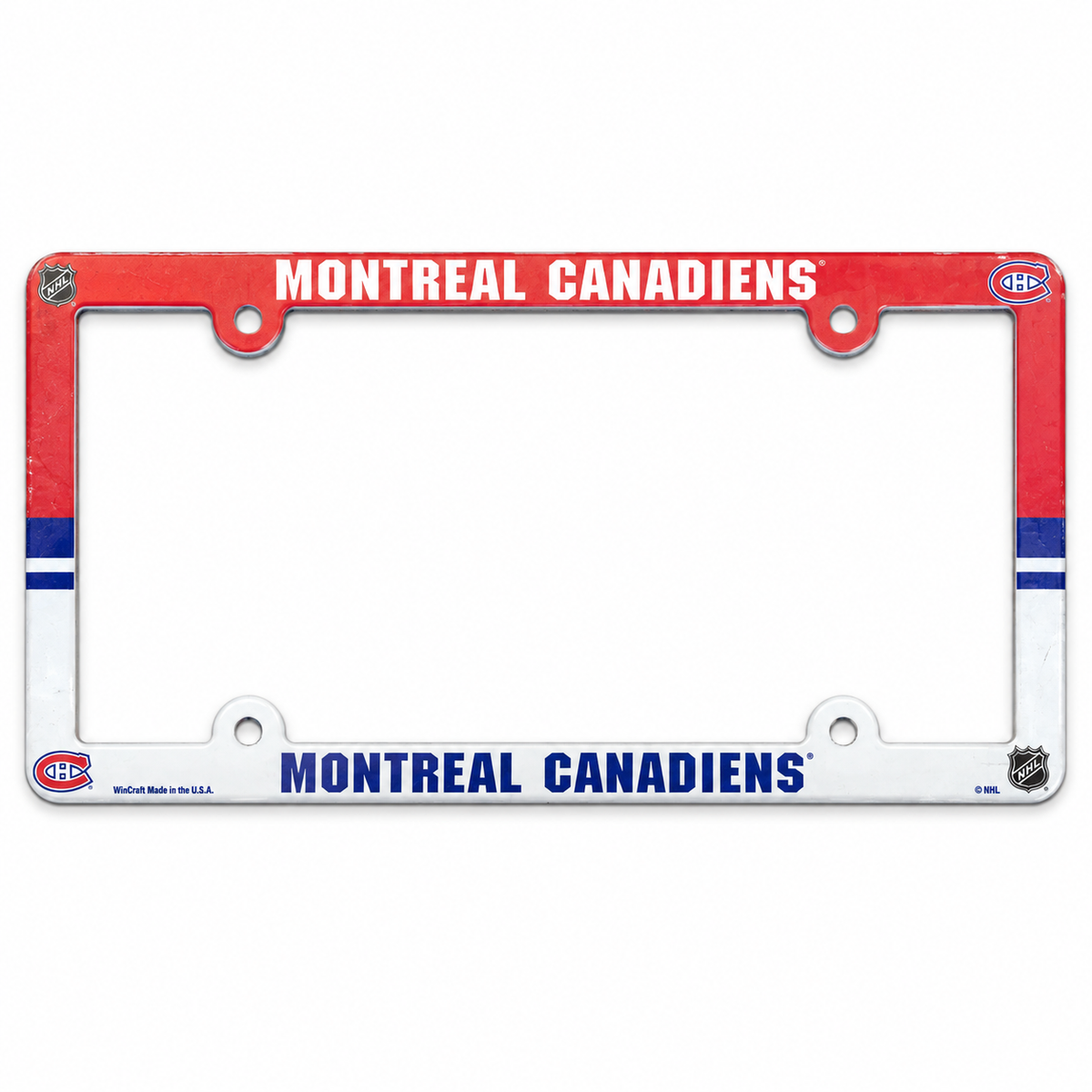 WinCraft Montreal Canadiens red white and blue license plate frame with four mounting holes on white background